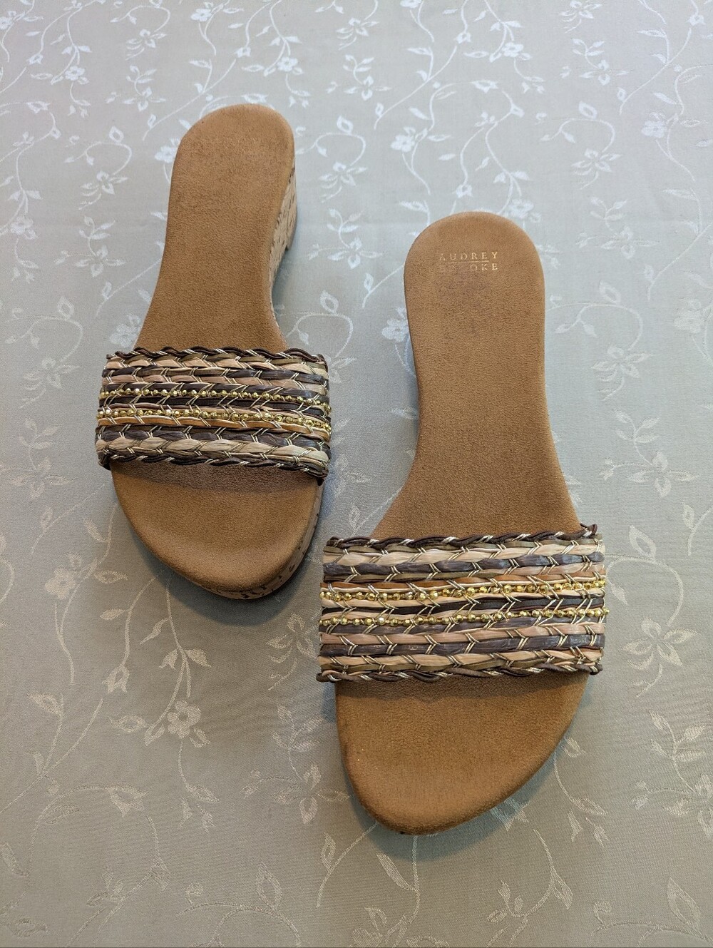 Audrey Brooke multi metallic front band strap low wedge heel slide sandal, 10m